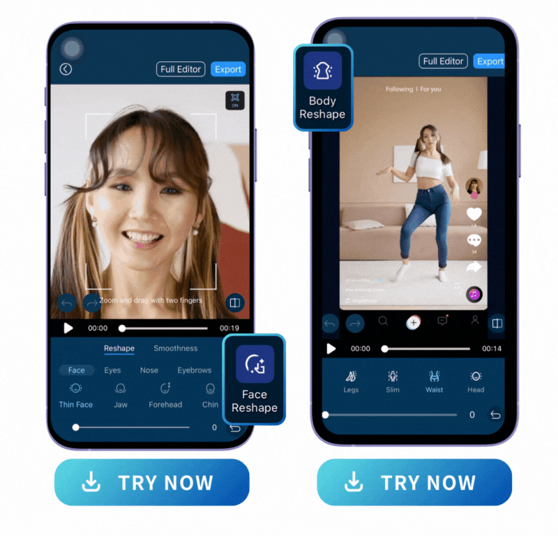 reshape face in a video at left and reshape body in a video at right with PowerDirector's editing UI